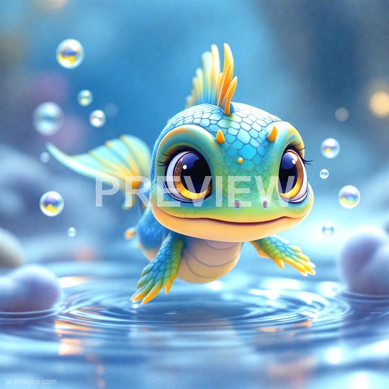 A cute, animated baby dragon with large, expressive eyes and vibrant, scaled skin featuring shades of green, blue, and yellow. The dragon appears to be floating above a water surface, surrounded by small bubbles, with a blurred, colorful background that emphasizes a dreamy, underwater-like environment. Its tiny wings and fins add to its adorable and fantastical appearance.
